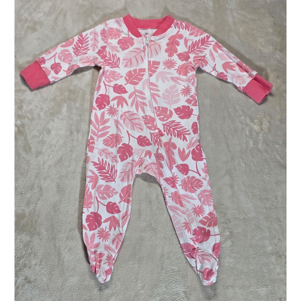 Honest Baby Organic Cotton Pink‎ Tropical Leaf Zip Up Footed Sleeper 3-6 Months